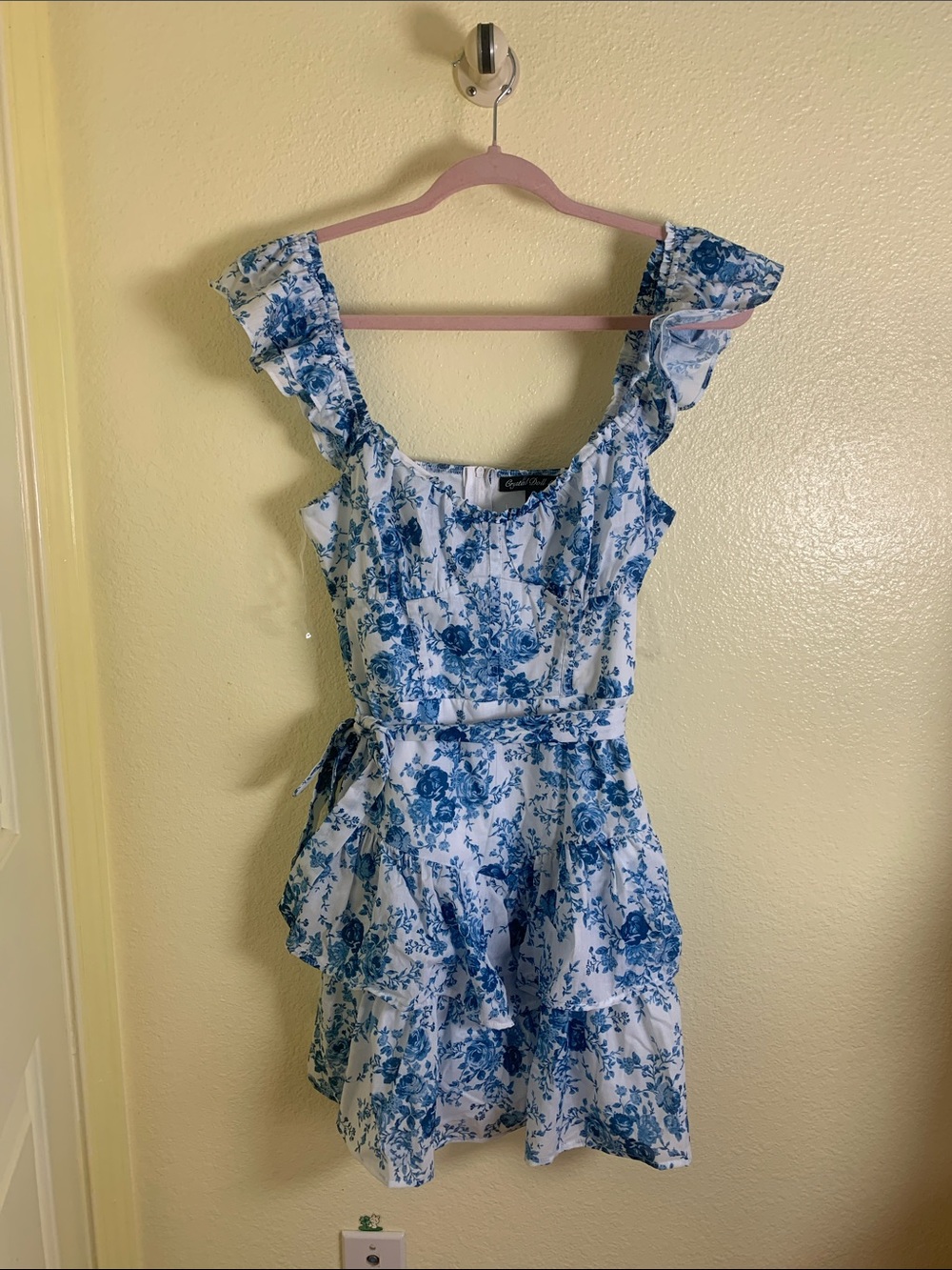 NWT Crystal Doll Blue and White Floral Ruffled Mini Dress, Size L